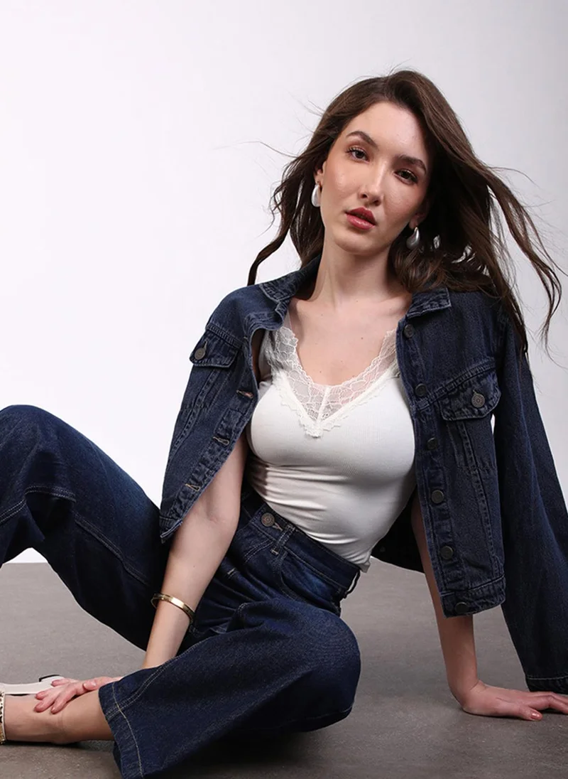 Urbano Fashion  Urbano Fashion Women's Dark Blue Regular Fit Wide Leg Washed Jeans for Women | Best Price UAE